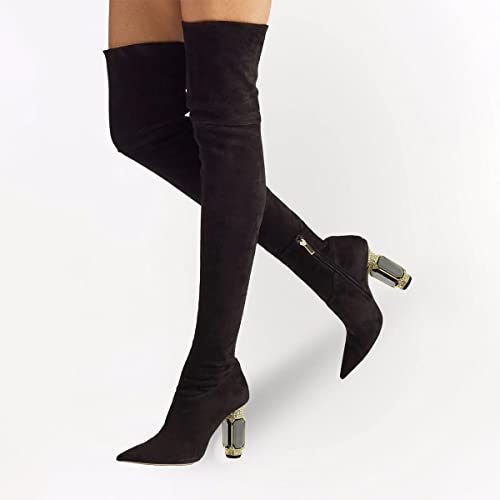 FSJ Women Winter Over The Knee Boots Crystal Chunky High Heel Stretch Thigh High Fashion Zipper Long Boots Warm Shoes Size 4-15 US4