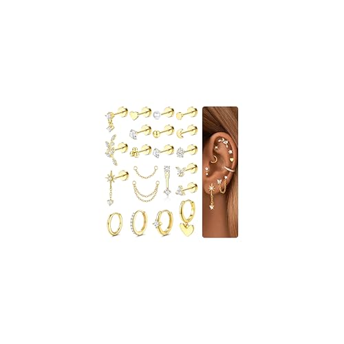 CASSIECA 21Pcs Orecchini Donna Acciaio Chirurgico Piercing Orecchio Oro Orecchini Anallergici Donna Piercing Helix Piercings Trago Conch Ipoallergenica Multi Piercings Orecchio Oro