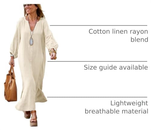 Image of chouyatou Women Summer Long Sleeve Notch Neck Maxi Linen Shirt Dress Loose Button Down Tunic Shift Dress