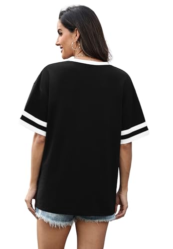 Image of WIHOLL Womens T Shirts Loose Fit Short Sleeve Tees V Neck Color Block Summer Tops 2026 Fashion S-4XL