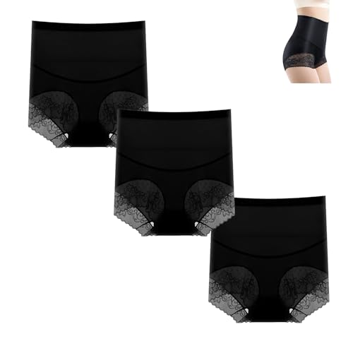 NLIADVY Lusailstore-Hot Style Silky High Waist Shaping Panties, High Waist Lace Underwear Tummy Control Underwear for Women (3PCS-b,M)