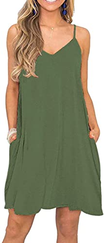 Image of Women's Summer Spaghetti Strap Casual Swing Tank Beach Cover Up Dress with Pockets