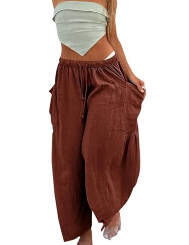 Linen Blend Drawstring Waist Pocketed Loose Pants Casual Simplicity Pocket Loose Mid Waist Wide Leg Solid Color Bottoms