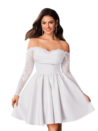 Lace Satin Homecoming Dresses Off Shoulder Long Sleeve Prom Dress Short Puffy A-Line Cocktail Party Dress