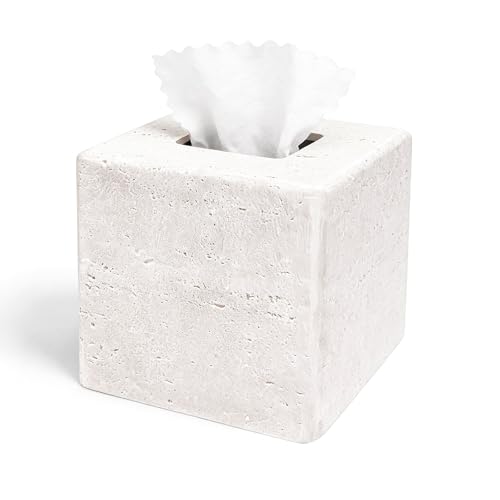 Decorative Square Tissue Box Cover – White Resin Tissue Holder for Bathroom, Bedroom, Countertop, Modern Stone-Look Tissue Box