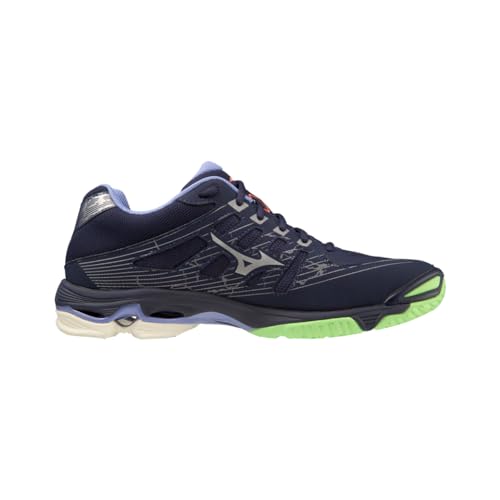 Image of Mizuno Wave Voltage Volleyball Shoes for Men & Woman Ideal for Indoor Games (Badminton, Tennis, Volleyball, Squash, Handball) Volleyball Shoes Show Evening Blue + Techno Green + Iolite