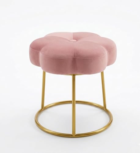 Image of Flower Ottoman Foot Stool for Bedroom and Living Room, Round Makeup Vanity Chair with Metal Legs and Soft Padded Seat-Pink