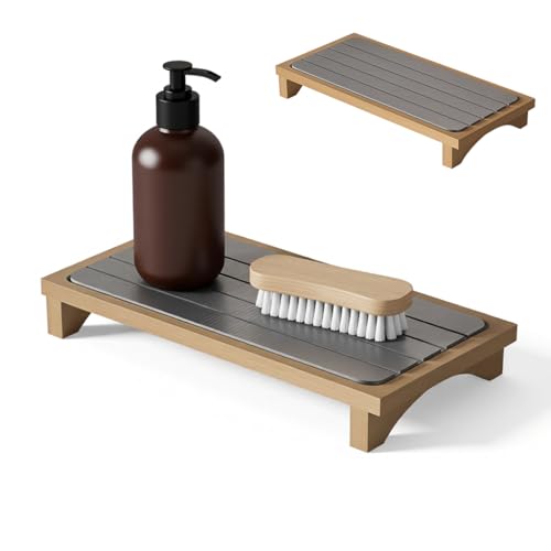 Image of HASTHIP Bathroom Organizer Rack, Small Wood Tray with Diatomite Drain Pad, Minimalist Bathroom Kitchen Organizer Holder for Hand Soap, Scented Candle, Toiletries