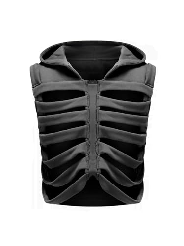 CsunYuk Unisex Oversized Skeleton Hoodie Men Cropped Sleeveless Sweatshirt for Women Goth Halloween Costume Skull Hoodies Y2K (Grey)