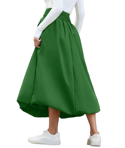 Women's Bubble Long Skirt Elastic Waist A-Line Pleated Ruffle Flowy Balloon Maxi Skirts with Pockets