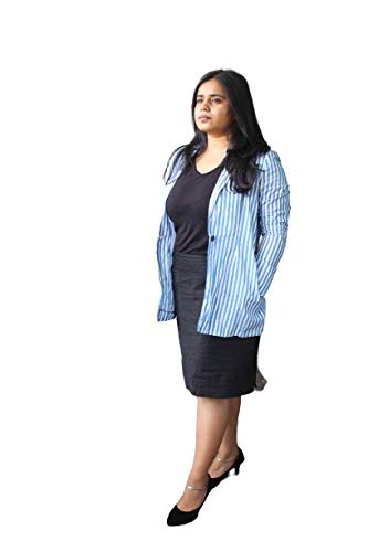 Women's Hand Block Print Cotton Stripes Blazer (Sky Blue & White Stripes, X-Large)-image-1