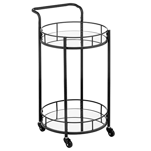 Mdesign Metal Vintage Round Beverage Rolling Cart For Home - 2-Tier Serving Bar Trolley With Easy-Glide, Rotating Wheels, Built-In Handle, And Glass Shelves For Wine And Craft Beer - Black #TOP5