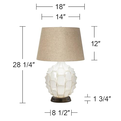 Possini Euro Design Cosgrove Mid Century Modern Table Lamp with USB and AC Power Outlet Workstation Charging Base 26.5" High Textured White Ceramic Light Brown Linen Drum Shade for Living Room - Image 4