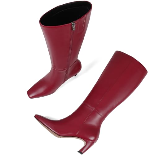 Kitten Heel Knee High Boots Women Square Toe Long Tall Boots Faux Leather Low Heel Boot Fashion Wide Calf Dress/Casual Elastic Boots with Side Zipper3