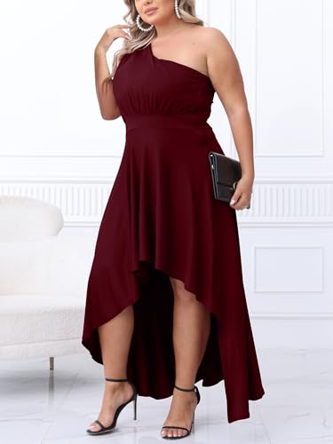 Image of Ekaliy Women's Plus Size One Shoulder Dress Elegant High Low Irregular Hem Flowy Party Cocktail Maxi Dress