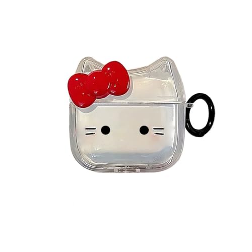 Image of Transparent Clear Earphone Case for AirPods Pro, Cute Lovely Cat Face Soft TPU Silicone Case, Kitty AirPods Pro 2 Cover Protective Skin Shockproof Protector for iPod Earbuds -Red Bowknot Cat