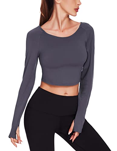 COOrun Women Long Sleeve Crop Top Yoga Shirts Basic Round Neck Workout Top Dark Grey Medium
