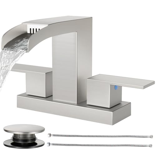 Cobbe Waterfall Bathroom Faucets 3 Hole, Brushed Nickel Bathroom Sink Faucet Square 4 Inch Centerset with Pop-Up Drain, 2 Handle and 2 Supply Hoses, Lead-Free Stainless Steel for Vanity Sink Rv