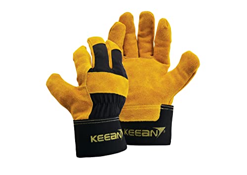 Keean Rigger Canadian Palm Split Leather Black/Yellow Glove Wear Cut and Tear Resistant Heavy Duty Industrial Cotton Comfort Fit For Machine Handling Movers Welding Works