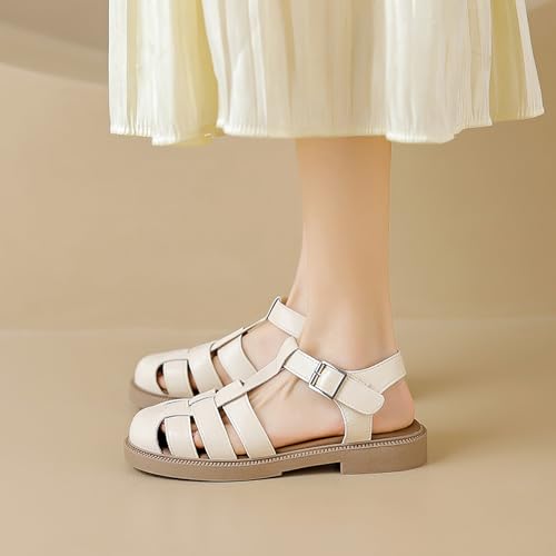 MVIOBUY Women's Closed Toe Hollow Woven Fisherman Sandals,Summer Fashion Adjustable Buckle Ankle Strap Flat Rome Sandals Comfortable Y2K Gladiator Chunky Heel Strappy Sandals (White,6) by MVIOBUY - Used condition - Image 7