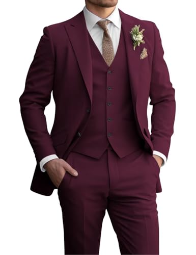 TUXBURNTXZ Men's Wedding Suits Burgundy 3 Piece Slim Fit Suits for Men Formal Business Dinner Prom Tuxedos S