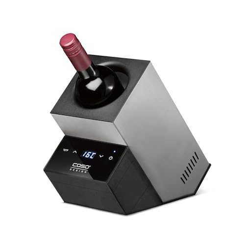 CASO WineCase Deluxe Inox - Enfriador de vino para una botella con batería, rango de temperatura de 5 – 18 °C, para botellas de hasta 9 cm de diámetro, control táctil, carcasa de acero inoxidable