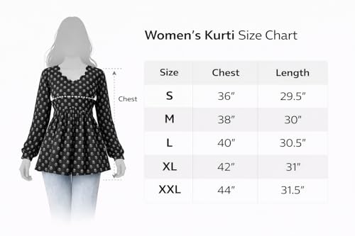 Image of Women's Rayon Black Floral Block Print Kurti, Scallop Neckline, Full Sleeves, Gathered Fit