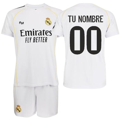 Real Madrid - Kit 1ª Equipación 2025-2026 | Camiseta Personalizable + Pantalón | Blanco Clásico | Tejido Transpirable | Ideal para Aficionados (FR/ES, Edad, Talla única, 10 años, Regular)