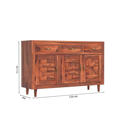 Image of Solid Sheesham Wood Sideboard Cabinet with 3 Door & 3 Drawer Storage | Wooden Storage Organizer for Living Room Dining Kitchen Bedroom Hallway | Honey Finish | Pre-Assembled