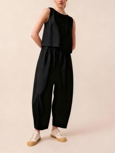 Image of Womens 2 Piece Lounge Sets Cotton Plaid Crop Top High Waisted Baggy Ankle Barrel Pants Gingham Matching Set