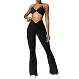 ABOCIW Workout Sets for Women, 2 Piece Gym Sets Twist Front Halter Sports Bra Twist Waist High Waist Flare Leggings with Pockets Two Piece Yoga Outfits Twist-Black Small