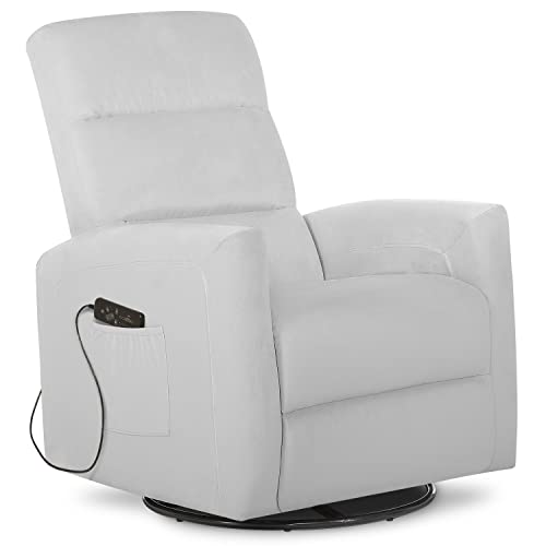 Image of Evolur Reevo Upholstered Faux Leather Seating Glider Swivel in Misty Grey, Greenguard Gold Certified Rocker, Massager, Tool-Free Assembly, Easy to Clean