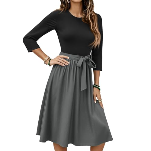 Herbstkleid Damen Elegant Langarm Abendkleider Rundhals Midikleid A-Linie Einfarbig Demenkleid Casual Tunika Kleid Hohe Taille Wickelkleid...