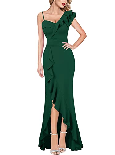 Image of VFSHOW Womens Formal Prom One Shoulder Strap Ruched Ruffle Split Maxi Dress 2023 Sexy V Neck Wedding Guest Evening Long Gown