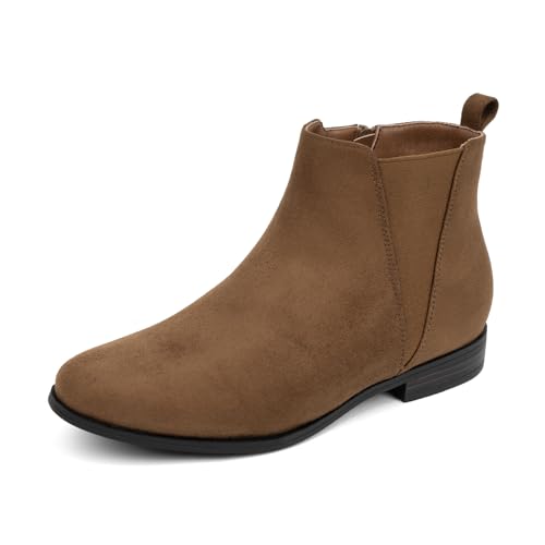 VJH confort Women's Chelsea Ankle Boots Low Heel Fashion Almond Toe Dress Booties with Side Zipper(Tan,5)