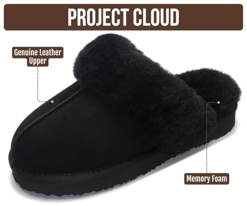 Image of Project Cloud Genuine Leather Slippers for Women with Genuine Fur Lining, Non-Slip Indoor /Outdoor Clog Mule Slippers, Memory Foam Insole