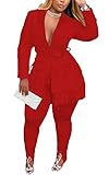 Aro Lora Womens 2 Piece Outfits Tassels Belted Long Sleeve Blazer and Slit Flare Pant Suits Set X-Large Red