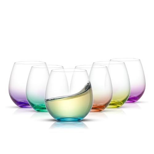 JoyJolt Hue Stemless Wine Glass Set, Large 15 oz Stemless Wine Glasses Set of 6 for White Red or Water, Short Glass Tumblers, No Stem Margarita Glasses, Colored Tumbler