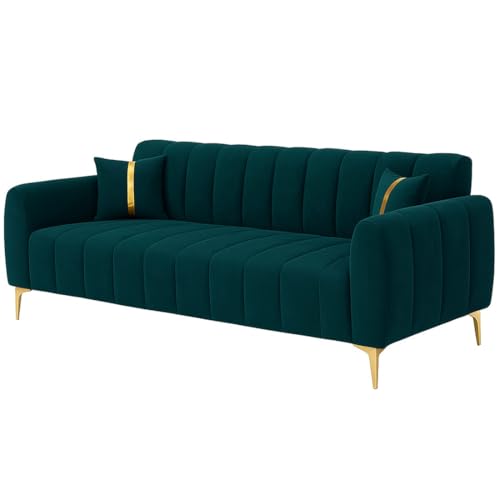 Image of FURNY Harmony 3 Seater Velvet Fabric Sofa Set (Greenish Teal) with Golden Finish Legs | Durable & Comfortable | Ideal for Living Room