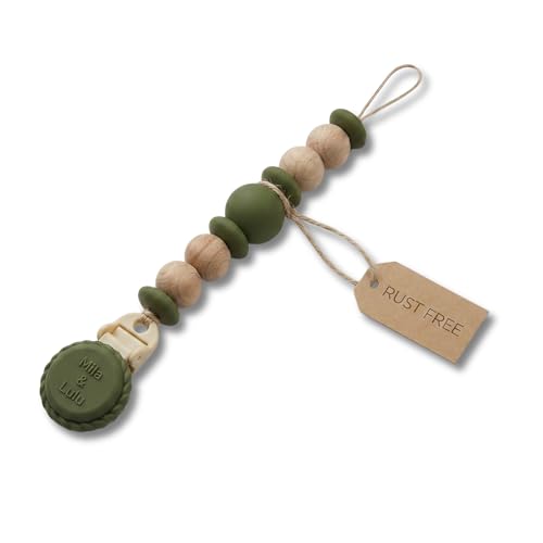 Image of Silicone Pacifier Clip - Metal-Free, Rust-Free, 100% Food-Grade Silicone and Natural Beech Wood, Secure Pacifier Holder - Olive - Mila & Lulu