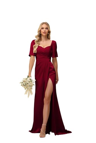 Satin Bridesmaid Dresses for Women with Slit Short Sleeves Sweetheart Pleated Long Formal Evening Dress