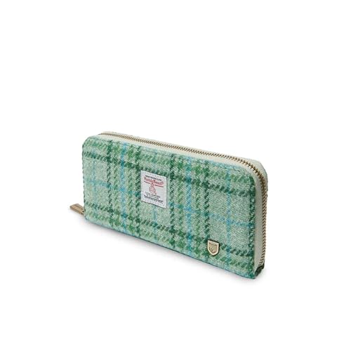 Image of Islander HarrisTweed & PU Leather women's long zip purse, Carry Cash & card, Scottish Style, Mint Tartan