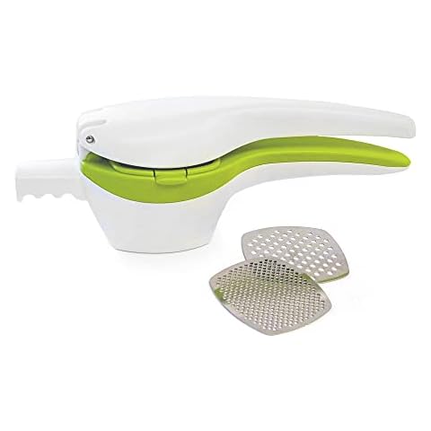 RSVP International (SPUD) Potato Ricer, White/Green | Mash Potatoes, Fruits, Vegetables & More | Includes Medium & Coarse Plates | Pot Resting Extension | Dishwasher Safe Cover
