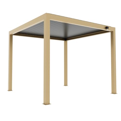 VERDELOOK | Pergola Bioclimatica Atena 120, 3x3 – H.2.5 Metri, Colore Legno Naturale e Grigio, con Lamelle Frangisole Orientabili, con Grondaia di Scolo, Gazebo in Metallo, Tettoia Giardino