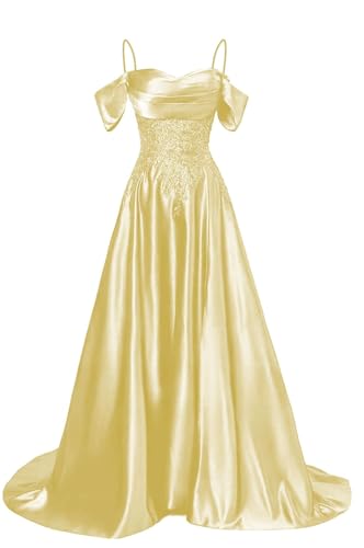 WSEYU ZMKI408 Brautjungfernkleid mit Spaghettiträgern und Spitzenapplikationen, schulterfrei, formell, Abendparty, Ballkleid, gelb, 36
