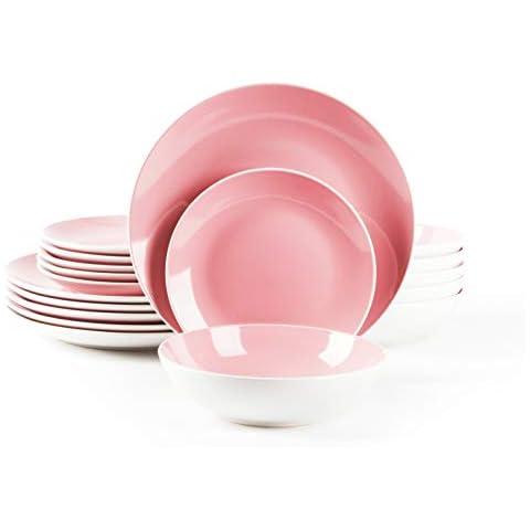 HomeVss, Stoneware Coupe Shape 18pc Dinnerware Set, Outside White + Inside Pink Cover