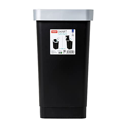 Image of TATAY 1105027 Kitchen Bin Smart, 25 Litre Capacity, Swing Lid, Polypropylene, BPA Free, 30 Litre Garbage Bag. Black. Dimensions 26 x 34 x 47 cm