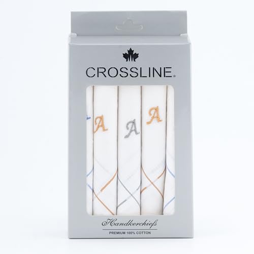 Image of CROSSLINE Men's Initial Monogram (A-Z) Embroidery 100% Pure Cotton Handkerchief | White Base With Colored Border | Handkerchiefs For Men Cotton Soft - (Pack of 5)