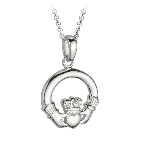 Biddy Murphy Irish Claddagh Necklace for Women 925 Sterling Silver Pendant with 18 Inch Belcher Chain Made in Ireland