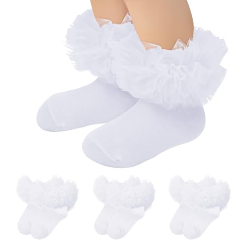 Zando Baby Girls Ruffle Socks, Lace Frilly Trim Seamless Fit Design Toddler Socks for Girls 1-8 Years, 3/5 Pairs